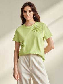 Anewsta 女士夏季亮片刺绣修身绿色T恤 - 薄荷綠 - 查看 6