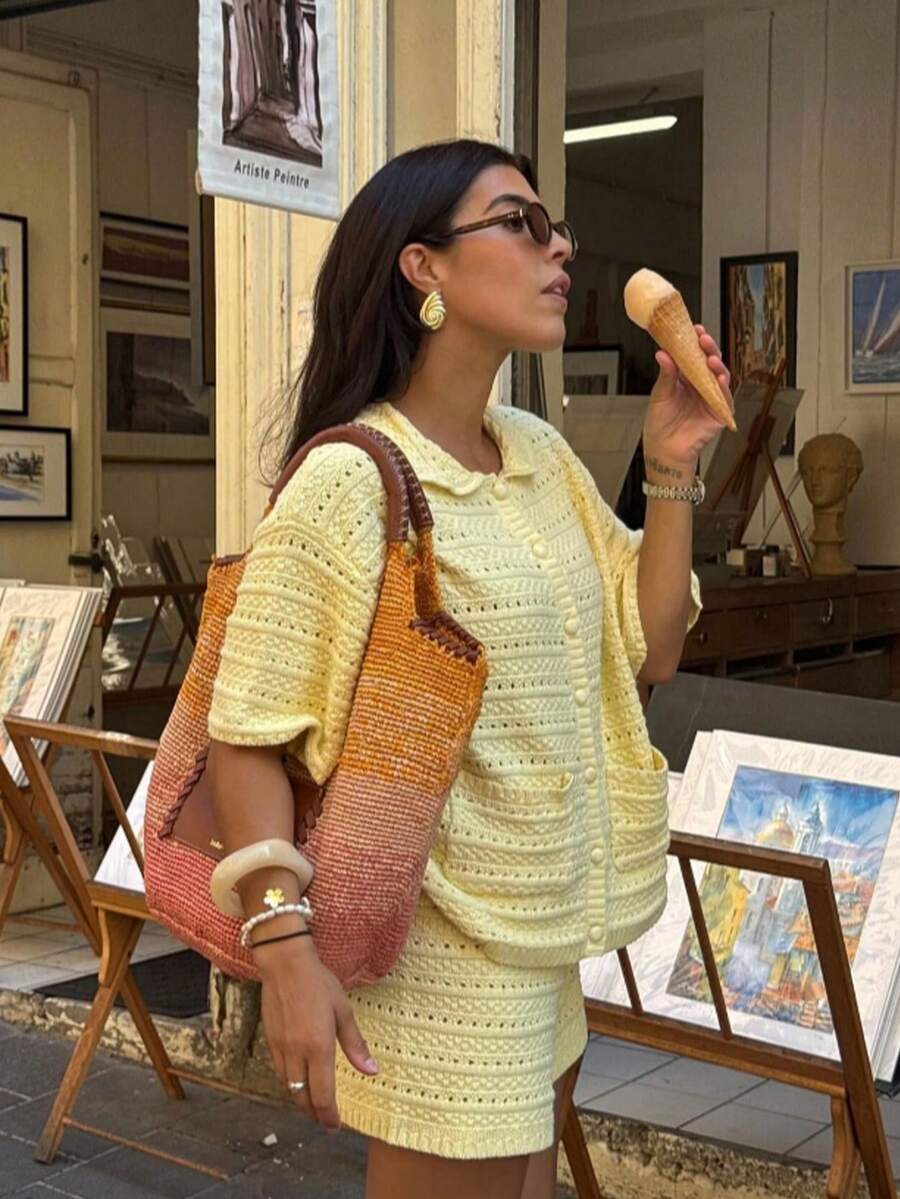 SHEIN BAE 休闲舒适宽松针织衫裤套装,可爱慵懒风,春夏新品 - 黃色 - 查看 1