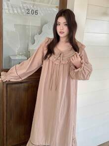 Dazy Plus Plus Size Women Ruffled Lantern Sleeve Long Nightgown, Sweet Home Dress For Spring & Summer Pajamas - Khaki - View 8