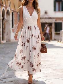 V-Neck Sleeveless Belted Midi Dress, Suitable For Work And Vacation - Multicolor - View 1
