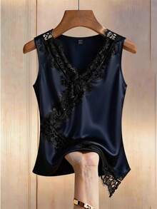 Pariaura Áo hai dây nữ màu đen thanh lịch, cổ chữ V, không tay, chất liệu ren, khoét eo, vạt áo bất đối xứng, thích hợp mặc hàng ngày/ngày giáo viên/trang phục công sở/trang phục đi làm/kỳ nghỉ thư giãn - Màu xanh hải quân - Xem 8