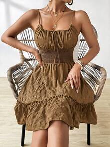 Breezaya Vacation Casual Front Tie Bow Floral Ruffle Pleated Gingham Print Spaghetti Strap Dress - Coffee Brown - View 5