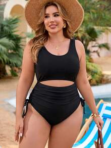 Swim Lushoire Baju Renang Terusan Ukuran Besar Warna Biru Tua dengan Set Penutup untuk Santai & Liburan - Hitam - View 4