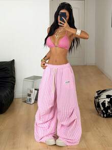 Coolane 女士夏季基本款条纹阔腿运动裤 - 粉色 - 查看 2