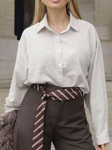 Elenary Edit 女式条纹印花纽扣前襟宽松休闲长袖衬衫秋季 - 黑色 - 查看 4