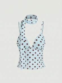 SHEIN MOD Bộ 2 món áo và chân váy in họa tiết chấm bi ruy băng - Màu xanh lam - Xem 9