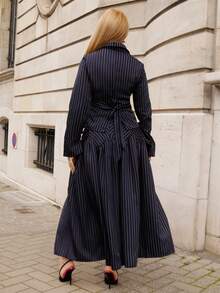 Elenary Edit Navy Blue Striped Commuter Shirt And Skirt Set, Autumn/Winter Elegant Pleated Skirt Set Spring - Navy Blue - View 2