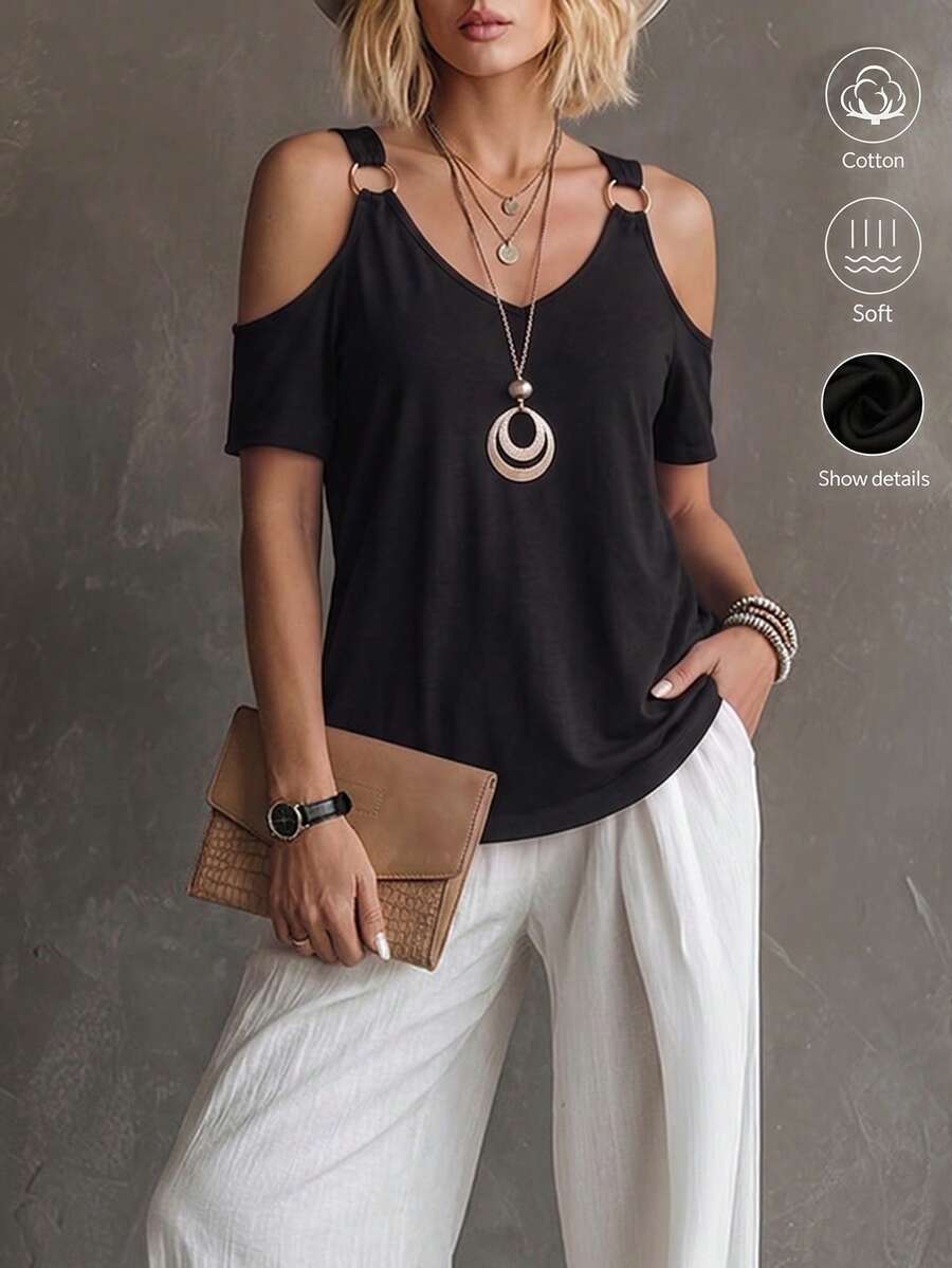 LUMIGAL Open Shoulder V-Neck Metal Ring Detail Short Sleeve Cotton Casual T-Shirt For Women - Black - View 1