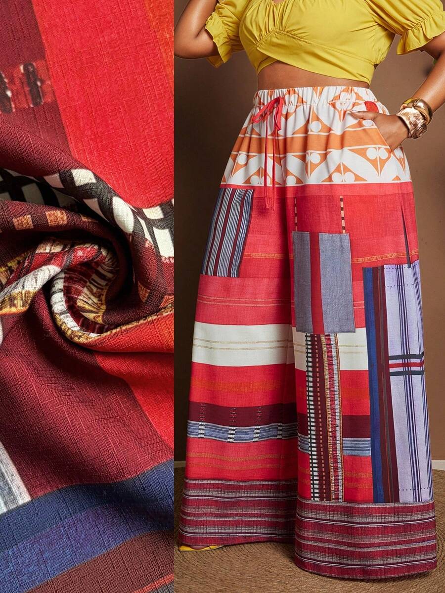 Maweii Women's Red White Blue Boho Beach Vacation Wide Leg Pants Autumn Holiday Placement Print Loose Casual Plus Size Trousers Elegant Niche Street Fashion - Multicolor - View 1