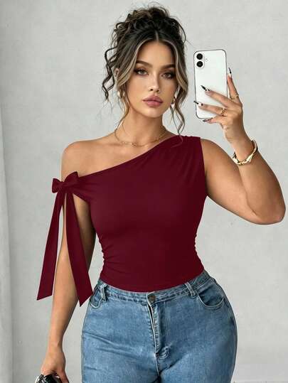 Elenzga Camiseta ajustada de mujer talla grande de unicolor elegante con cuello asimétrico, para verano
