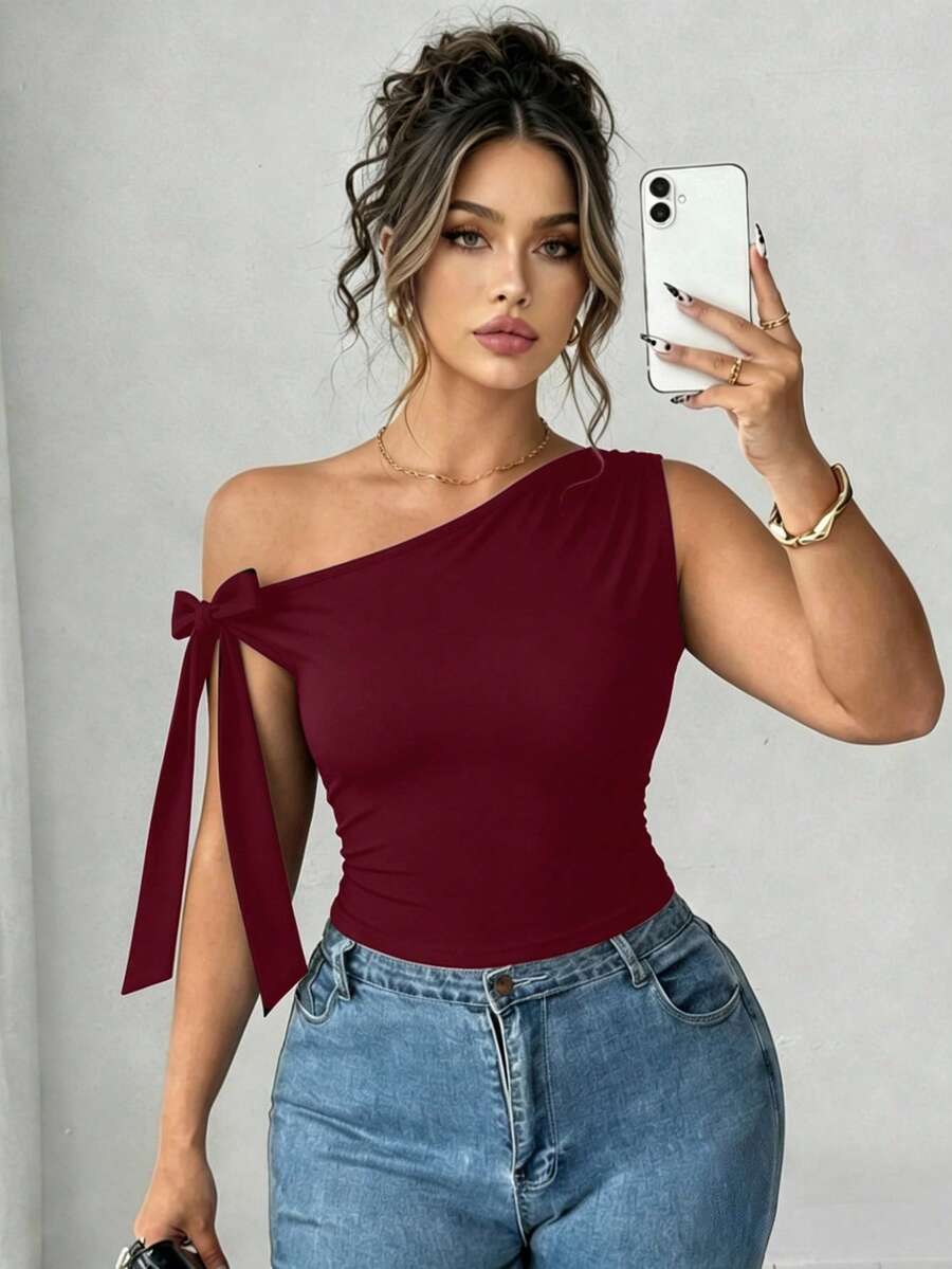 Elenzga Camiseta ajustada de mujer talla grande de unicolor elegante con cuello asimétrico, para verano - Burdeos - Ver 1