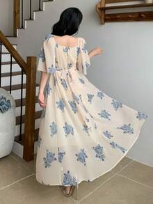 DAZY Vestido longo feminino casual e elegante de primavera/verão com detalhes em renda, estampa floral delicada e cintura marcada. Estilo boho, perfeito para o verão e para as férias. - Azul - Ver 2