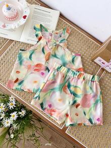 SHEIN Baby Girl Outfits 6Months-3year 2pcs/Set Pastel Yellow Summmer Tropical 2nd Birthday Elegant Sleeveless Ruffled Flower Printing Top And Shorts Suit - Multicolor - View 1