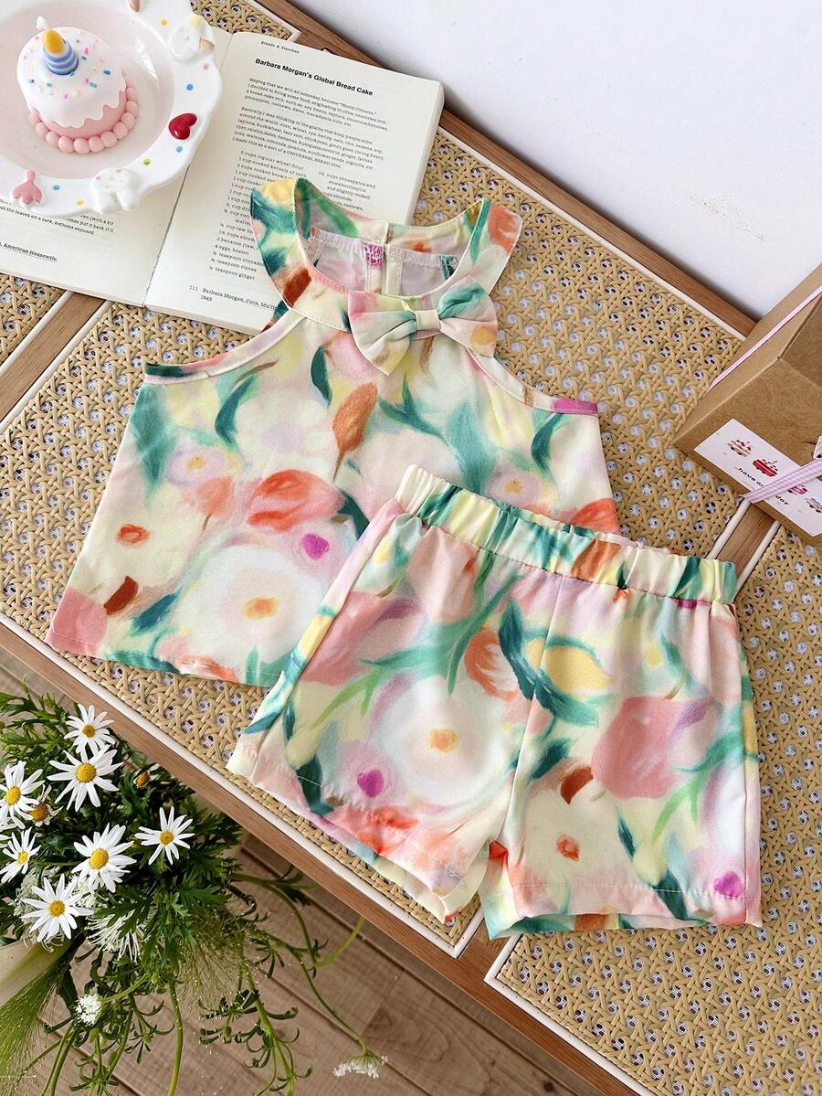 SHEIN Baby Girl Outfits 6Months-3year 2pcs/Set Pastel Yellow Summmer Tropical 2nd Birthday Elegant Sleeveless Ruffled Flower Printing Top And Shorts Suit - Multicolor - View 1
