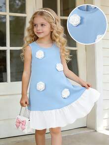 SHEIN Elladie kids Vestido de festa casual para menina, com decote redondo, decoração floral 3D e blocos de cores. - Azul - Ver 3