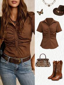 SHEIN LUNE Women's Plus Size Chocolate Brown Autumn Western Hiking Shirt,Pleated Short Sleeve Button Down Blouse,Slim Fit Elegant Chic Music Festival Outfits - Brown - View 1