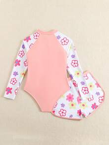 SHEIN Bộ đồ bơi phối họa tiết in hình thời trang mới dành cho bé gái tuổi teen - Hồng - Xem 2