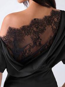 LYSMO Women's Solid Color Asymmetric Collar Lace Patchwork Short Sleeve T-Shirt - Black - View 8