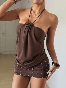 Maweii Plus Size Women's Brown Spaghetti Strap Strapless Mini Dress, Rivet Decor Hem Sexy Bodycon Party Rave Night Dress Summer - Brown - View 5