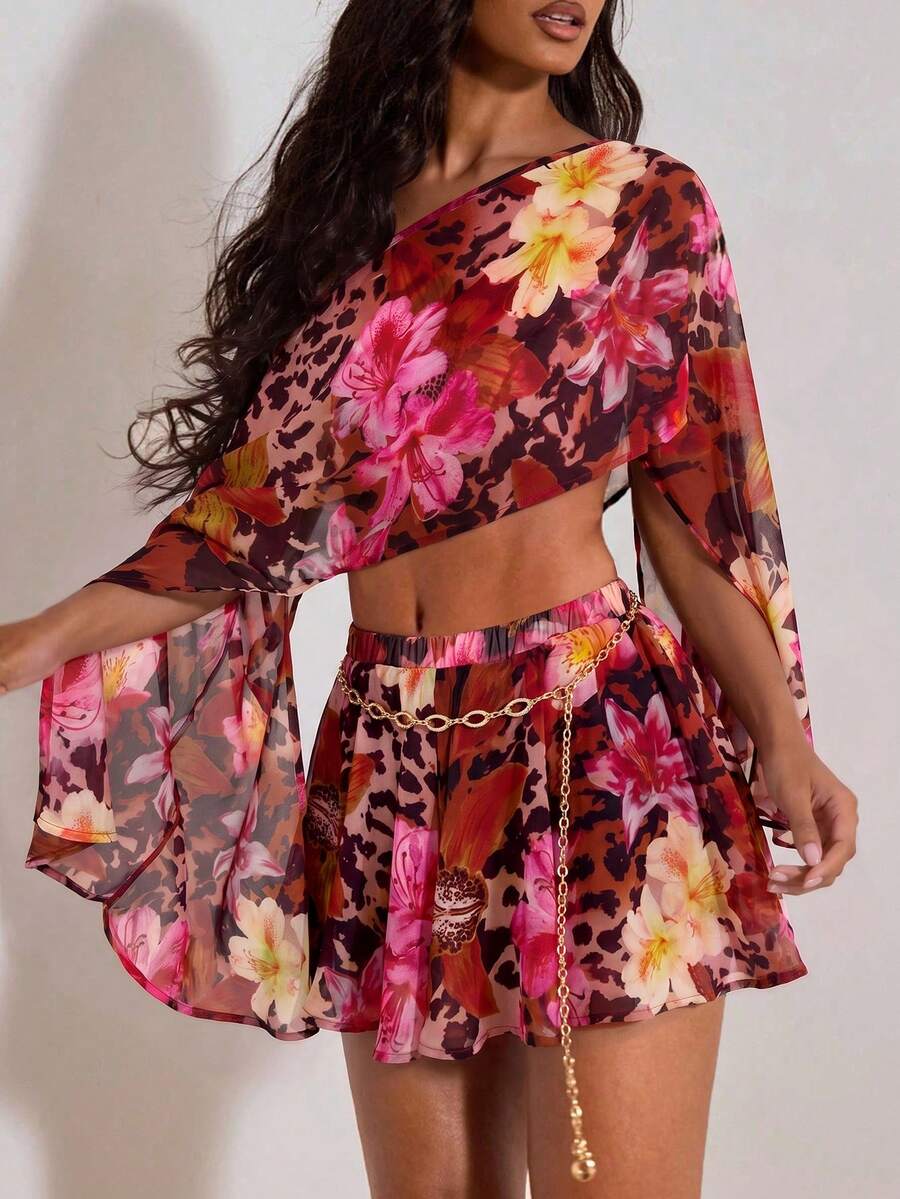 Opulessa Bộ 2 món gồm áo croptop rộng in họa tiết và chân váy mini dành cho nữ. - Nhiều màu - Xem 1