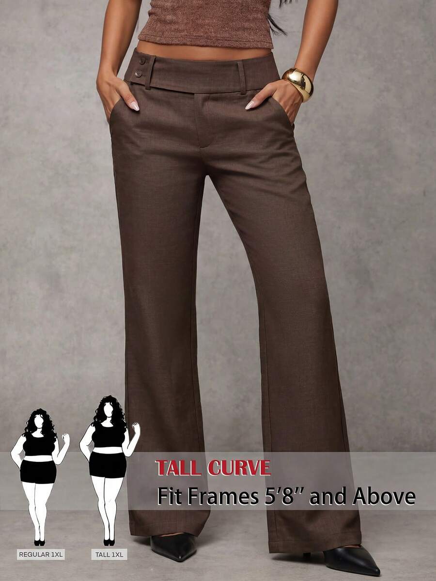 SHEIN Tall CURVE 大码女式纯色口袋休闲日常裤 - 咖啡棕 - 查看 1