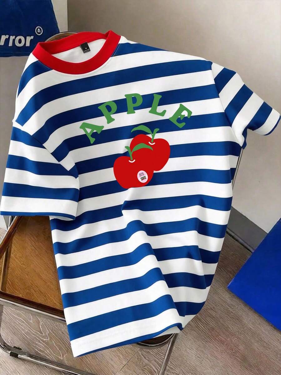 Manfinity Joysei 休闲男士蓝白条纹“APPLE”字母印花短袖T恤，百搭日常穿着，青春时尚 - 彩色 - 查看 1