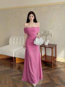 Modelyn Đầm cưới/đầm dự tiệc thanh lịch dành cho nữ, kiểu trễ vai, xếp ly ở eo. - Màu Hồng Tươi - Xem 5