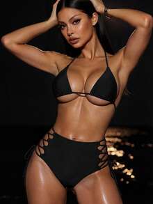 Swim SXY سروال بيكيني رباط الظهر الصاف جذابة - الأسود - مشاهدة 3