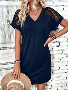 Qadelle Women's Solid Color V-Neck Raglan Sleeve Casual Minimalist Mini Dress, Summer - Navy Blue - View 4