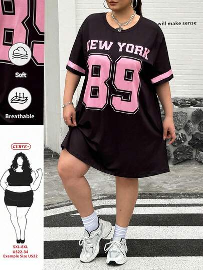 SHEIN CURVE+ Plus Size Music Festival T-Shirt, Casual And Simple Plus Size Lotus Clean Color Round Neck Loose Short Sleeved Dress, Suitable For Summer Wear