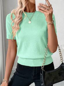 Pariaura Atasan Rajut Lengan Pendek Minimalis Warna Polos untuk Wanita, Cocok untuk Pakaian Sehari-hari - Mint Green - View 8
