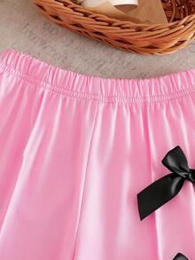 SHEIN Genkimix Kids Young Girls 2 Pieces Set: Gray Short Sleeve T-Shirt + Wide Leg Pants With 3D Bow Decor, Casual & Sports Wear, Summer - Pink - View 5