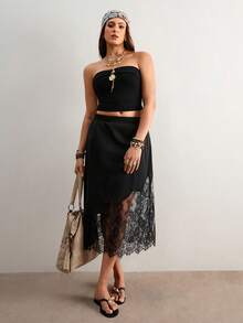 Freevana Plus Size Women's Lace Patchwork Asymmetric Design Black Skirt, Elegant Daily Wear, Spring & Summer Shell Trim, Asymmetrical Design, Satin, Midi Skirt, Music Festival Outfit; Pure Black Skirt, Elegant Style, Suitable For Everyday Wear. - Black - View 5