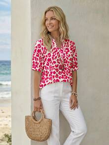 Camisa de mujer con estampado de leopardo rosa de estilo minimalista casual, adecuada para primavera/verano - Multicolor - Ver 3