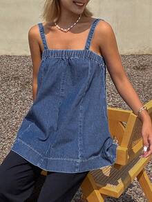 Livesso Women's Vintage Washed Loose Casual Street Denim Shirt, Sleeveless Tank Top, Suitable For Summer And Spring - Medium Wash - View 7