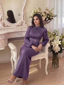 Modelyn Luxury Evening Gown, Stand Collar Long Sleeve Rhinestone Embellished Elegant Formal Dress - Purple - View 3