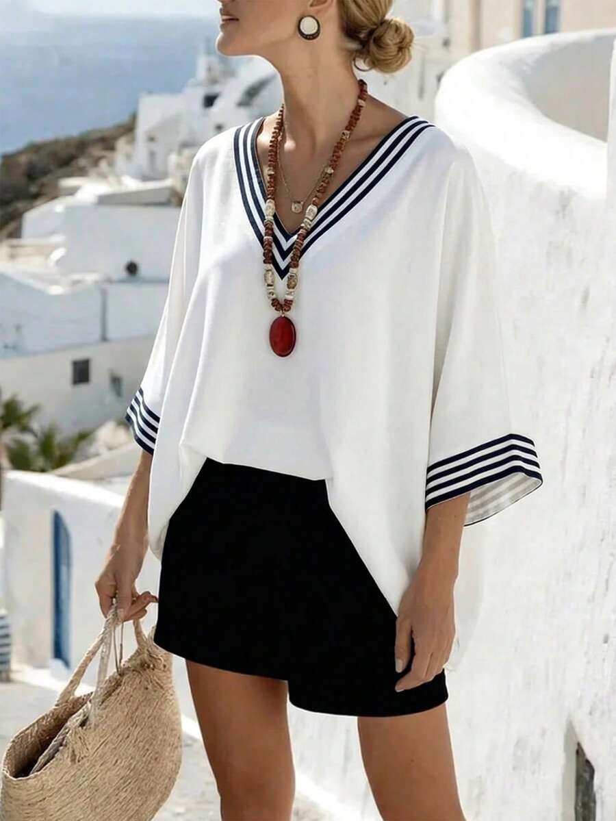 Wandoria Women's Loose V-Neck Striped Placement Print Casual Commuting Elegant Vacation Shirt - Black and White - View 1
