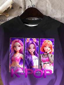 SHEIN Bộ 2 món dành cho bé gái, phong cách thường ngày, màu tím ombre rực rỡ, in hình nhóm nhạc nữ hoạt hình các ngôi sao K-Pop, áo thun cổ tròn và quần short, thích hợp cho mùa hè. - Nhiều màu - Xem 4