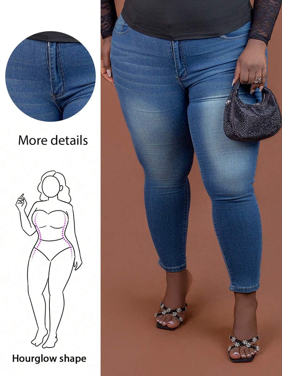 CurvyTilda Plus Size Women Pocket Skinny Casual Everyday Wear Jeans, For Hourglass Body Shape - Dark Wash - View 1
