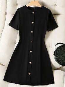 GlowEve CURVE Plus Size Women's Spring/Summer New Round Neck Metal Heart Cinched Waist Solid Color Mini Dress - Black - View 1