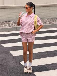Muchica Bộ đồ thể thao mùa hè thường ngày gồm áo polo cổ trễ vai và quần short kẻ sọc màu hồng. - Hồng - Xem 4