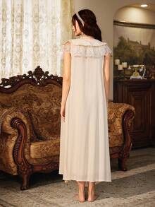 PalaceNights 2pcs Women Sleepwear Set: Collar Tie Tassel Robe + Camisole Nightgown - Apricot - View 2