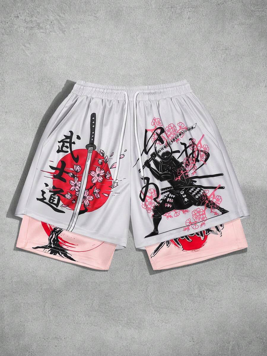 ROMWE MEN Anime Quần short nam kiểu Nhật in họa tiết, thích hợp mặc mùa hè. - Nhiều màu - Xem 1