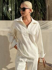 DAZY 女士宽松条纹翻领长袖休闲度假衬衫 - 杏色 - 查看 4