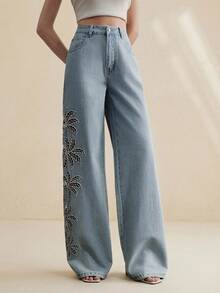 Anewsta Women's Fashionable Luxurious Sexy Hollow Embroidered Romantic Party Vacation Blue Straight Leg Jeans, Spring/Summer - Blue - View 5