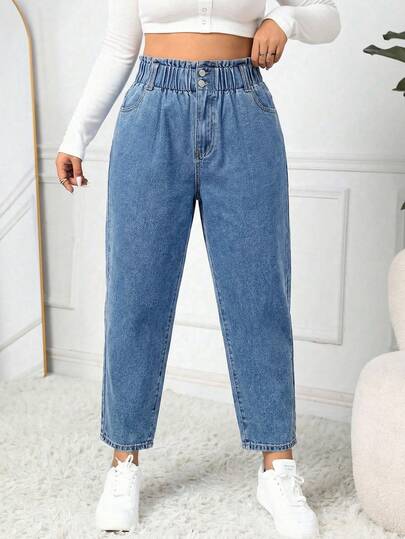 Firerie Plus Size Women Pockets Button Casual Versatile Daily Wear Jeans