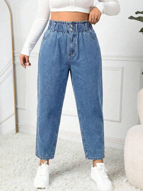 Firerie Plus Size Dam Fickor Knapp Casual Mångsidiga Dagliga Jeans