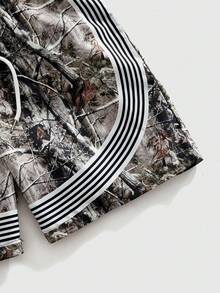 ROMWE MEN Street Life Men's Branch Stripe Print Drawstring Waist Shorts - Multicolor - View 4