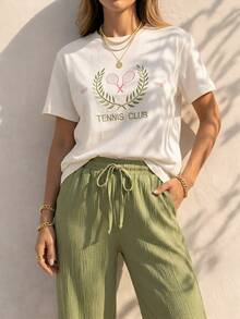EURMUSE Women's Two Pieces Set – White Embroidered Cotton T-Shirt & Wide Leg Pants, Comfortable & Stylish Casual Outfit - White - View 4