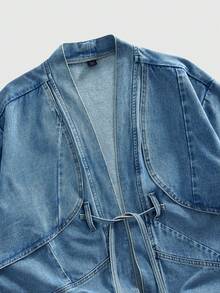 ROMWE MEN Street Life Men's Blue Frayed Edge Solid Color Short Sleeve Tie Front Casual Top, Summer - Blue - View 3